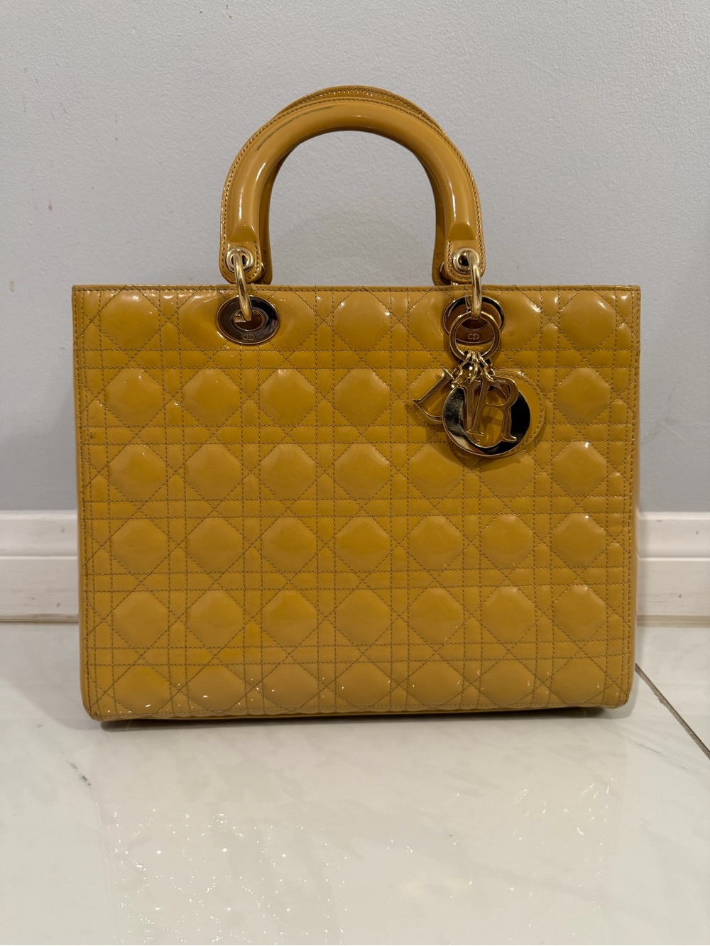 Dior Yellow Patent Quilted Lady Tote with Gold Hardware